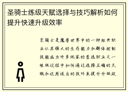 圣骑士练级天赋选择与技巧解析如何提升快速升级效率